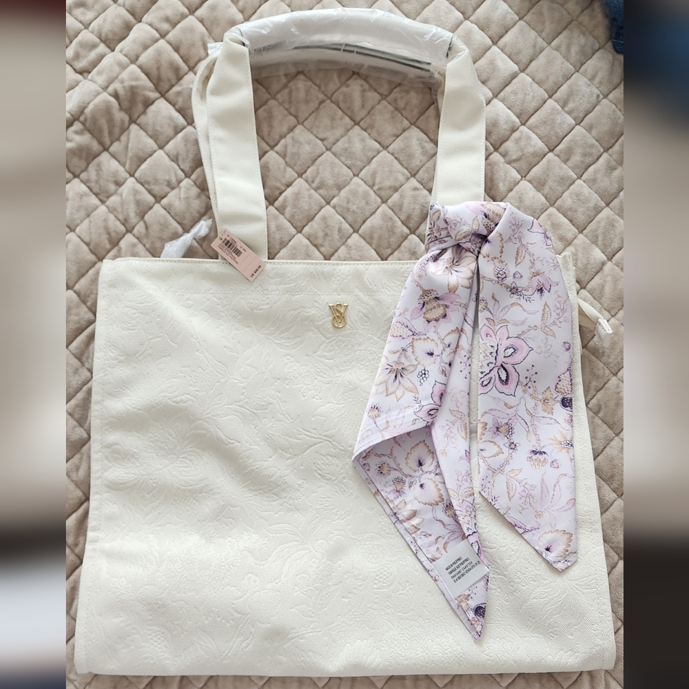 Victoria's Secret White Tote Bag with Floral Scarf